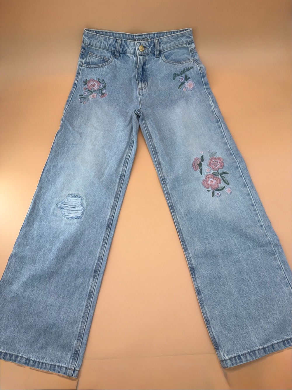 Justice Light Blue‎ Wide Leg Jeans with Pink Floral Embroidery Back to School